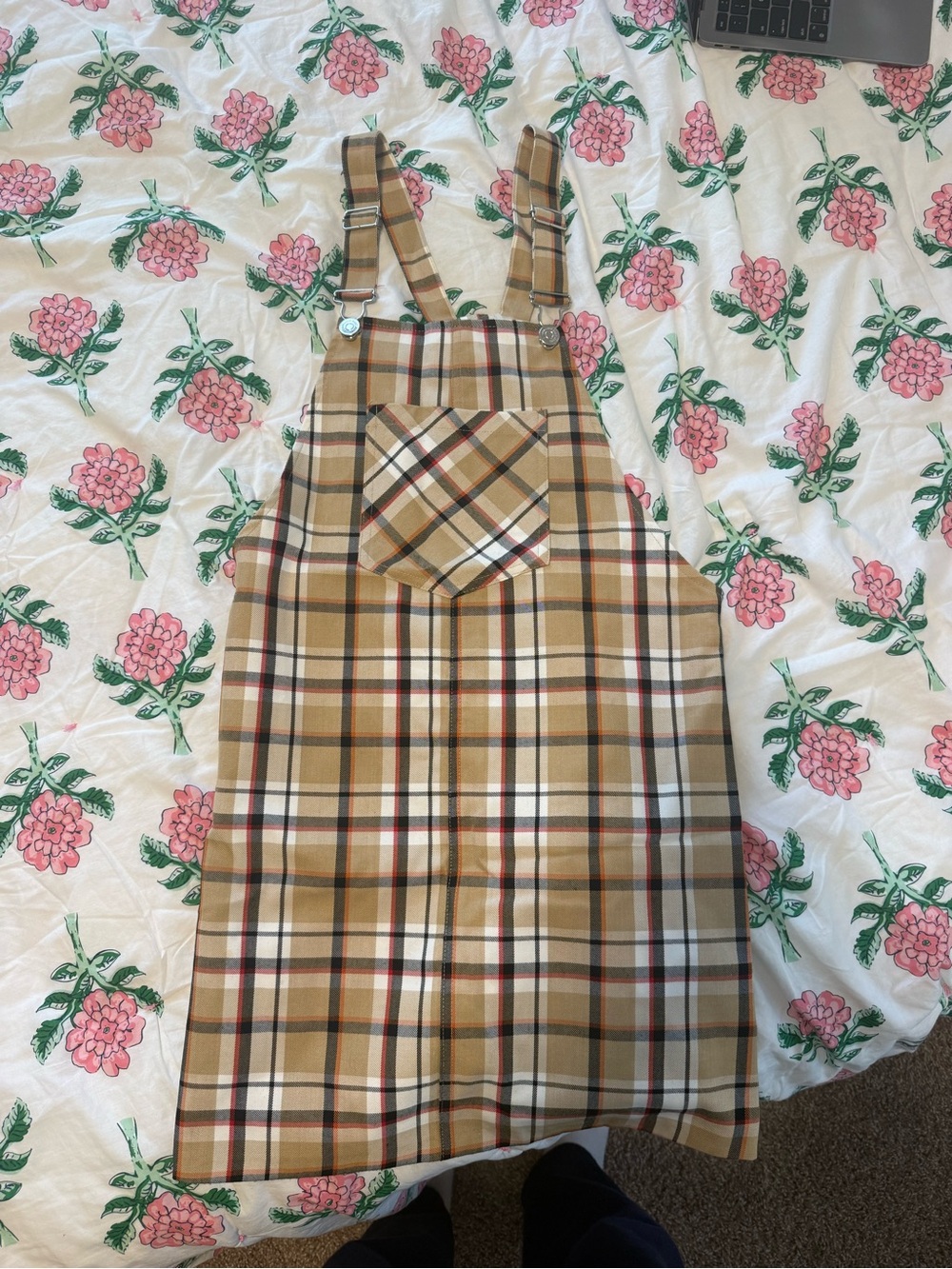 stradivarius Tan Plaid Pinafore Dress with Front Pocket